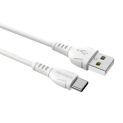 Cable Borofone BX51 USB-A a Type-C blanco, para carga rápida y transferencia de datos eficiente.
