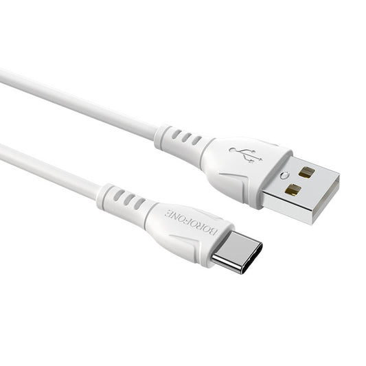 Cable Borofone BX51 USB-A a Type-C blanco, para carga rápida y transferencia de datos eficiente.
