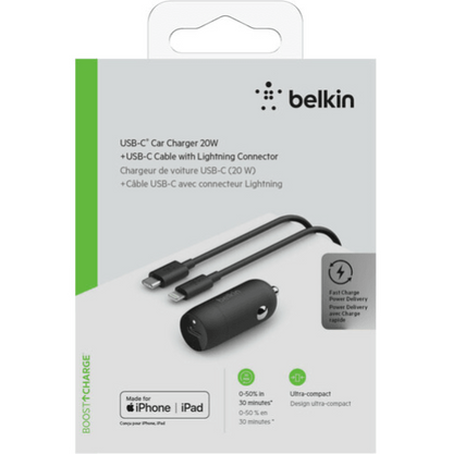 Cargador Belkin USB-C Auto 20W con cable Lightning incluido.
