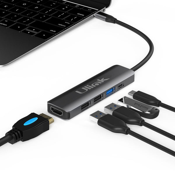 HUB adaptador multipuerto USB-C 5 en 1 Ulink UL-ADC502 con HDMI, USB y carga rápida PD, carcasa de aluminio.
