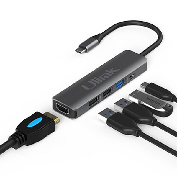 HUB adaptador multipuerto USB-C 5 en 1 Ulink UL-ADC502 con HDMI, USB y carga rápida PD, carcasa de aluminio.
