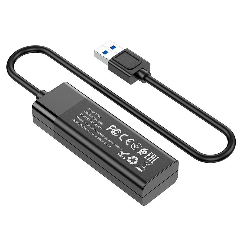 Hub USB 4 puertos Hoco HB25, con 1 USB 3.0 y 3 USB 2.0, diseño compacto y velocidades de hasta 5 Gbps.  
