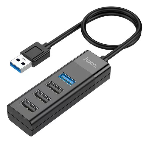 Hub USB 4 puertos Hoco HB25, con 1 USB 3.0 y 3 USB 2.0, diseño compacto y velocidades de hasta 5 Gbps.  
