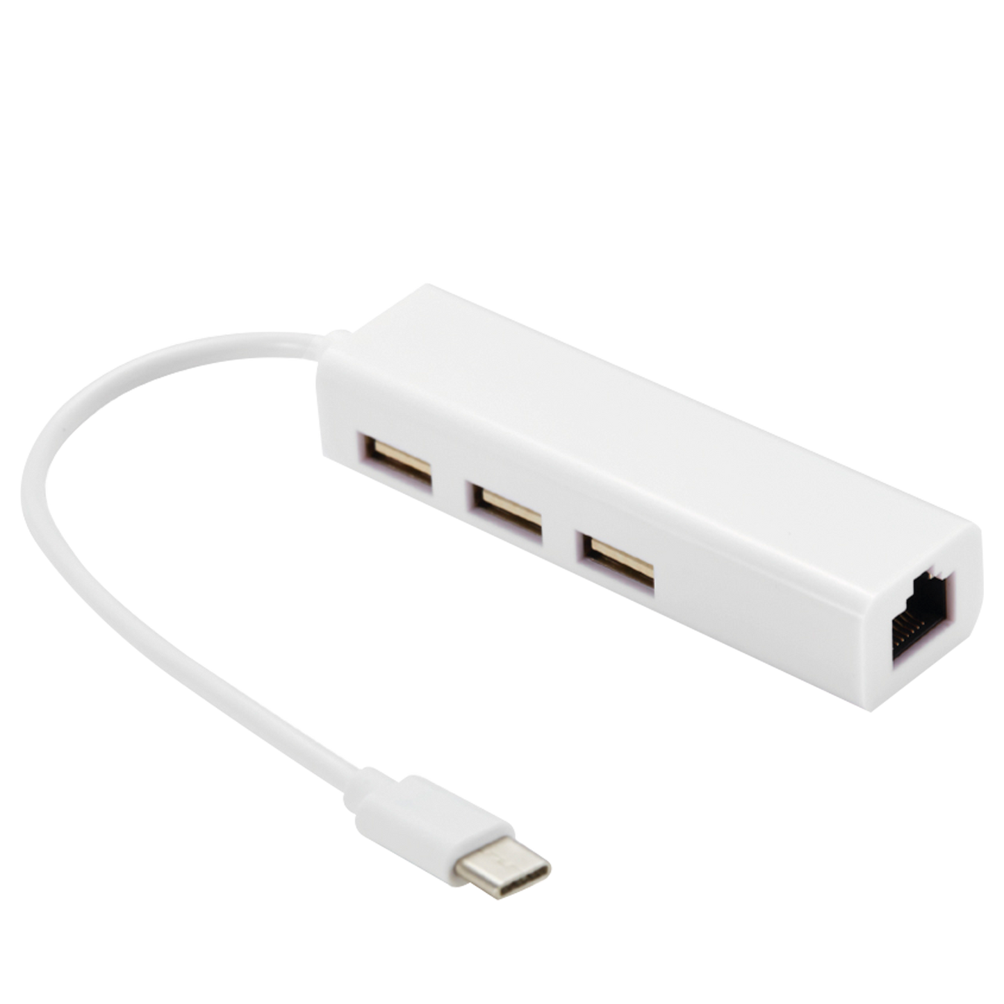 Hub TecnoLab 4 en 1 con puerto USB-C, USB 2.0 y LAN Ethernet para alta conectividad.
