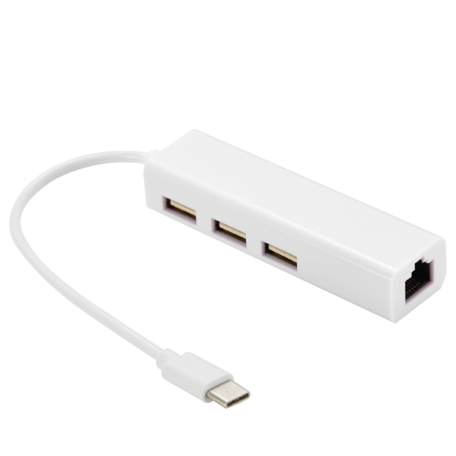 Hub TecnoLab 4 en 1 con puerto USB-C, USB 2.0 y LAN Ethernet para alta conectividad.
