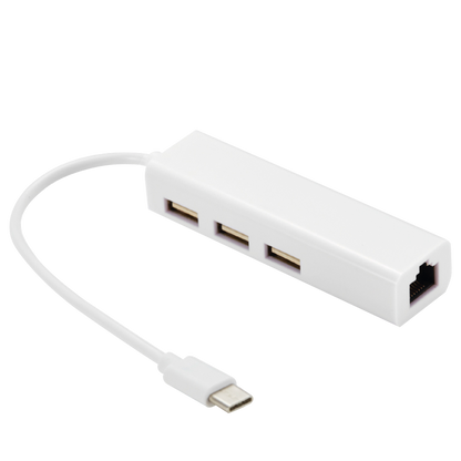 Hub TecnoLab 4 en 1 con puerto USB-C, USB 2.0 y LAN Ethernet para alta conectividad.
