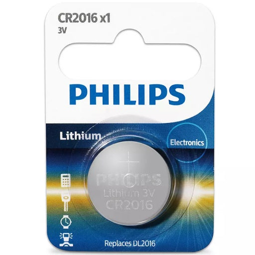 Pila Batería CR2016 3V Philips para control remoto, relojes, llaves de auto.