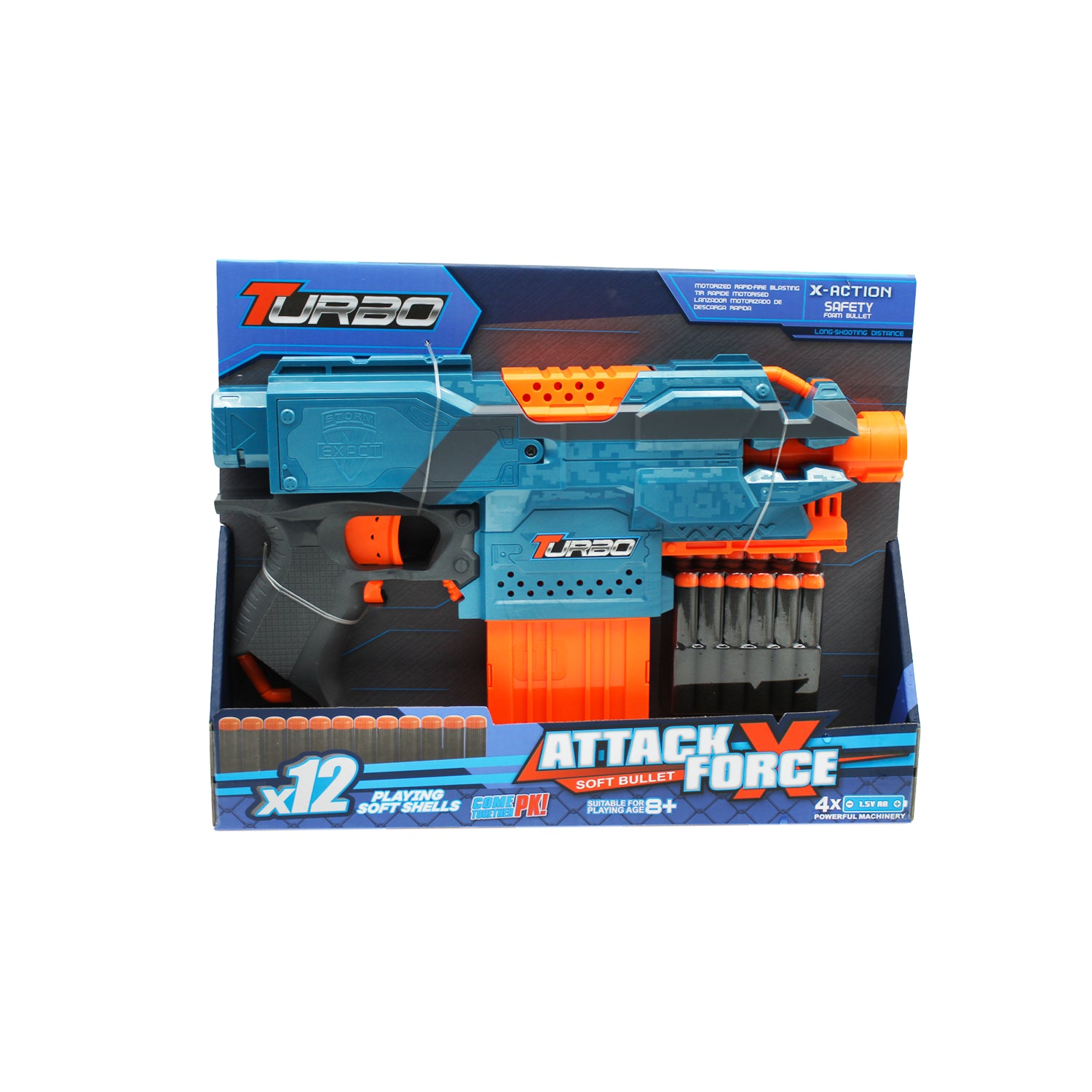 Pistola de juguete Turbo Attack Force para niños con diseño colorido y seguro.
