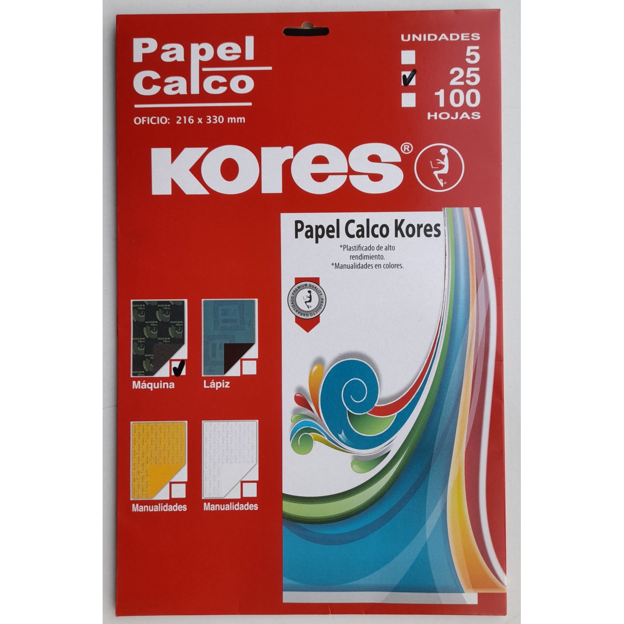 Papel calco Kores film tamaño oficio con 25 hojas, ideal para diseño y dibujo técnico.
