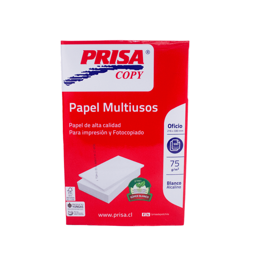 Papel fotocopia Prisa oficio multiuso 75 g, paquete de 500 hojas, ideal para impresión y copiado.
