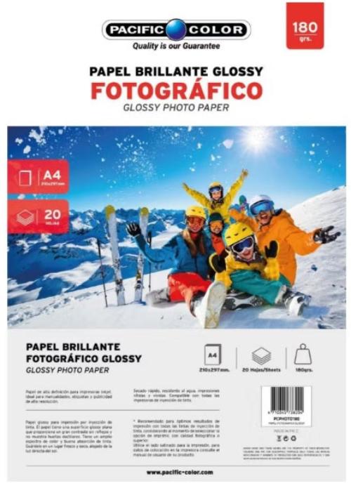 Papel fotográfico 180 gramos con acabado brillante, paquete de 20 hojas, ideal para impresiones de alta calidad.
