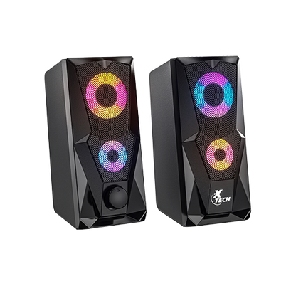 Parlantes Gaming Xtech XTS-131+ con sistema 2.0 canales y luces LED, diseño compacto en color negro.
