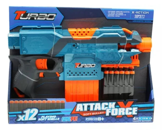 Pistola de dardos Turbo Attack Force con 12 proyectiles de espuma suave.
