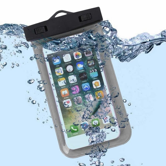 Funda impermeable para teléfonos grandes, diseño celeste y funcionalidad táctil.  
