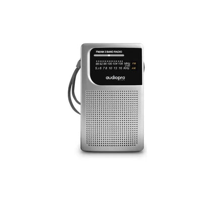 Radio Portátil AM/FM AudioPro color gris con diseño compacto y entrada auxiliar.
