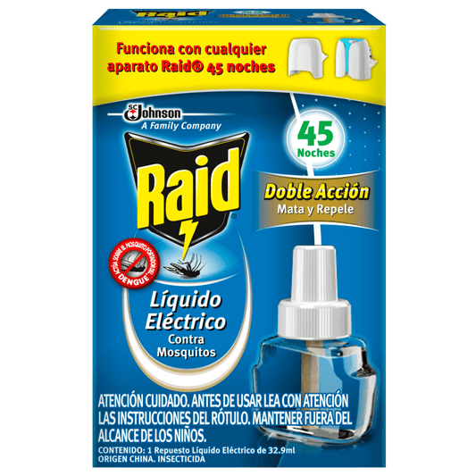 Repuesto insecticida líquido Raid 32.9 ml, doble acción contra mosquitos, ideal para interiores.
