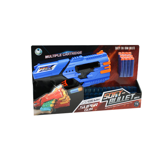 Pistola Super Gun para niños con diseño innovador y munición de espuma.
