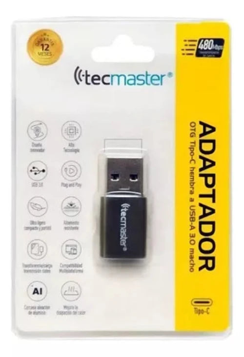 Adaptador OTG Tecmaster conectando dispositivos Tipo-C y USB-A
