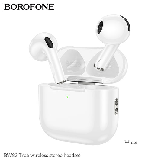 Auriculares Borofone BW83 True Wireless blancos con estuche de carga abierto
