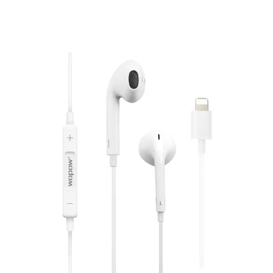Auriculares WoPow WE03 con conector Lightning, diseño blanco, cable integrado, parlante de 14 mm.