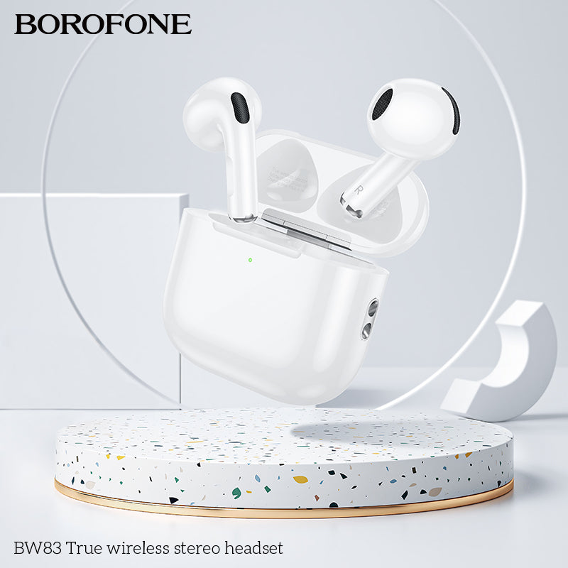 Auriculares BW83 Borofone True Wireless con acabado brillante y estuche de carga blanco