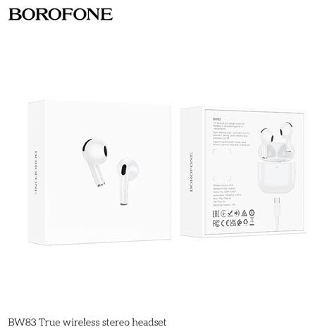 Auriculares BW83 Borofone True Wireless con acabado brillante y estuche de carga blanco