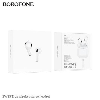 Auriculares BW83 Borofone True Wireless con acabado brillante y estuche de carga blanco