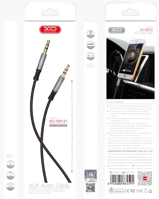 Cable AUX XO NB121 1 m con empaque blanco, conectores 3,5 mm macho-a-macho.