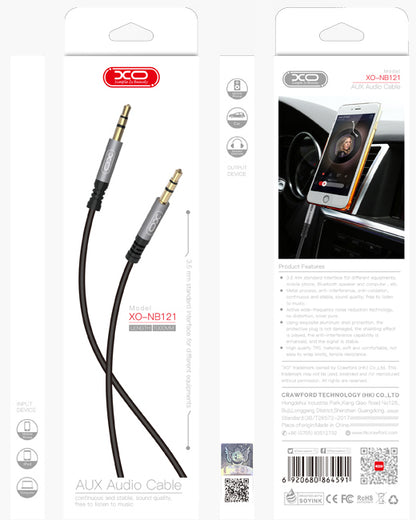 Cable AUX XO NB121 1 m con empaque blanco, conectores 3,5 mm macho-a-macho.