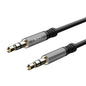 Detalle de conectores dorados del cable AUX XO NB121, cobertura metálica y diseño negro.