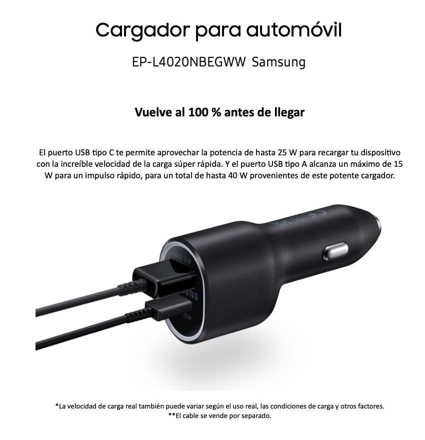 Cargador Samsung para auto con doble puerto USB-C y USB-A
