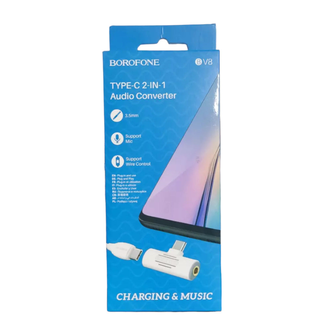 Conector Borofone USB-C con puerto de carga y audio de 3.5 mm