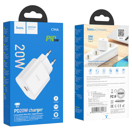 Cargador rápido Hoco C94A PD 20W USB-C con enchufe europeo y protección múltiple