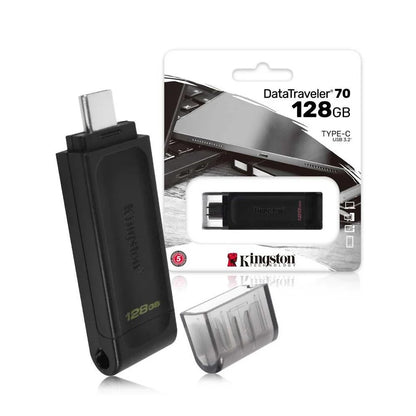 Unidad flash Kingston DataTraveler 70 de 128GB con USB-C 3.2 Gen 1.
