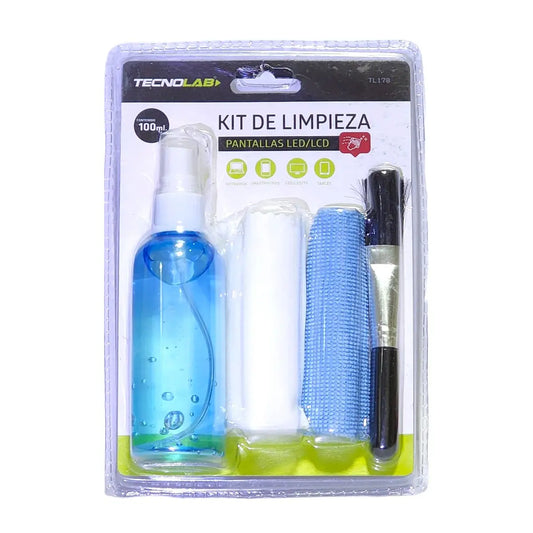 Kit de limpieza para pantallas LED/LCD con paños de microfibra y spray TecnoLab TL170.
