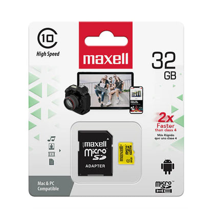 Tarjeta MicroSD Maxell 32GB Clase 10 con adaptador SD en empaque
