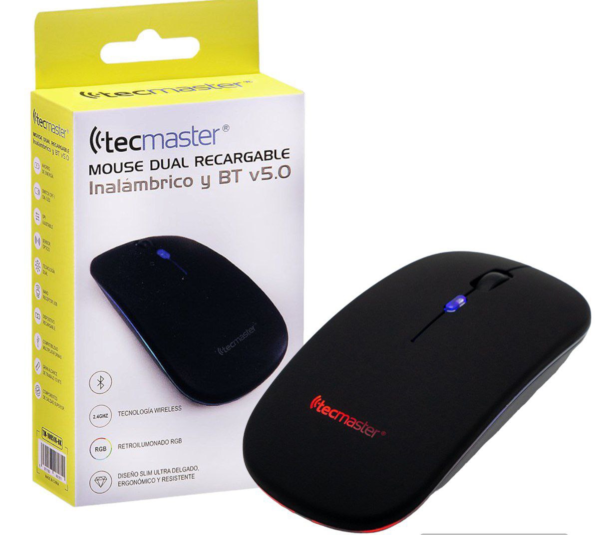 Mouse inalámbrico y Bluetooth 5.0 recargable Tecmaster con retroiluminación RGB