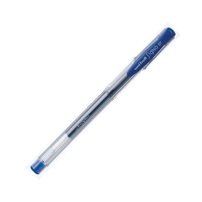 Bolígrafo Uniball Signo UM-100 con tinta de gel azul y punta de 0.7 mm. Cerca de Scharfstein providencia.
